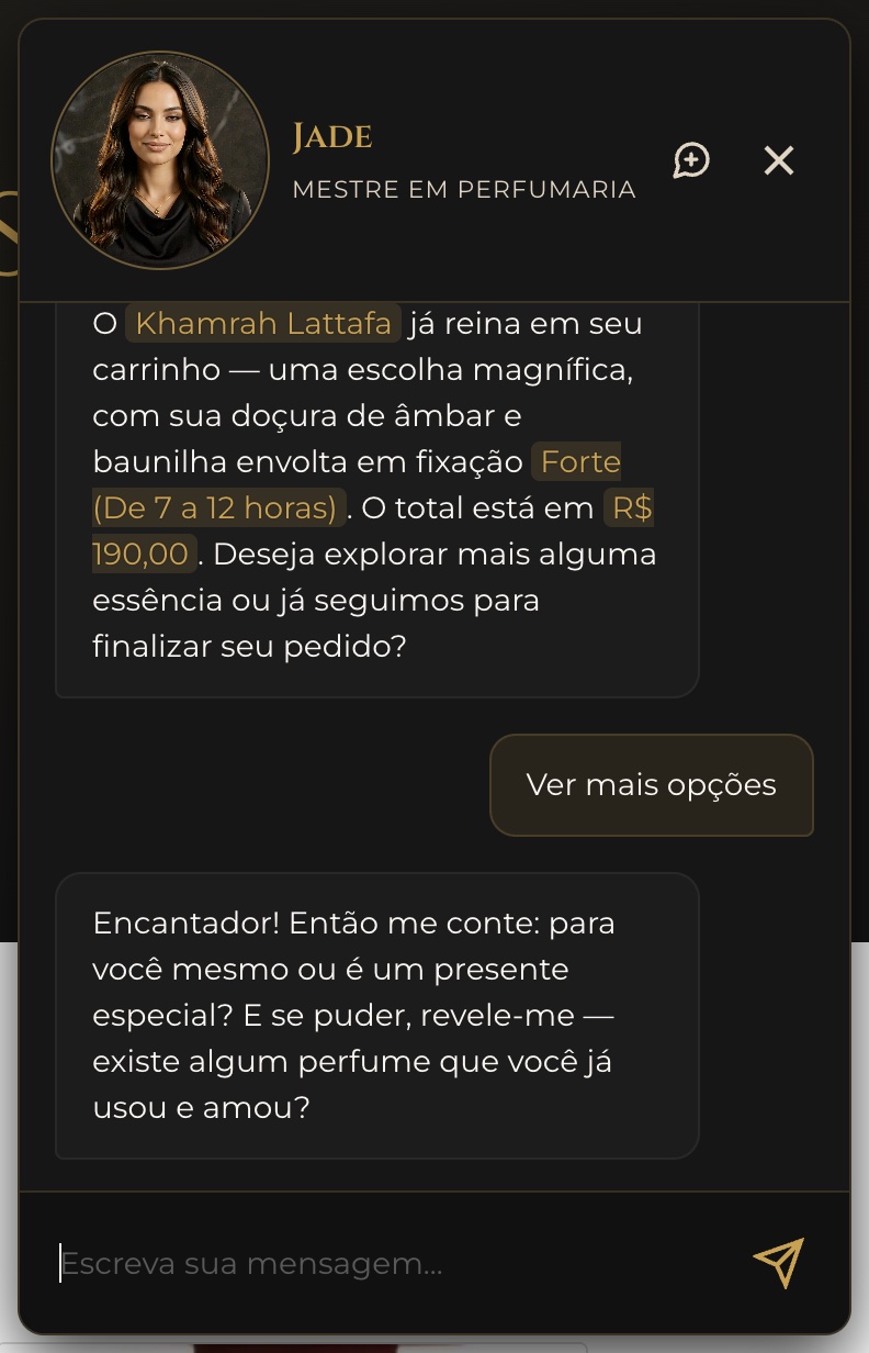 Chat da Jade confirmando o perfume Khamrah Lattafa adicionado ao carrinho com o total do pedido destacado