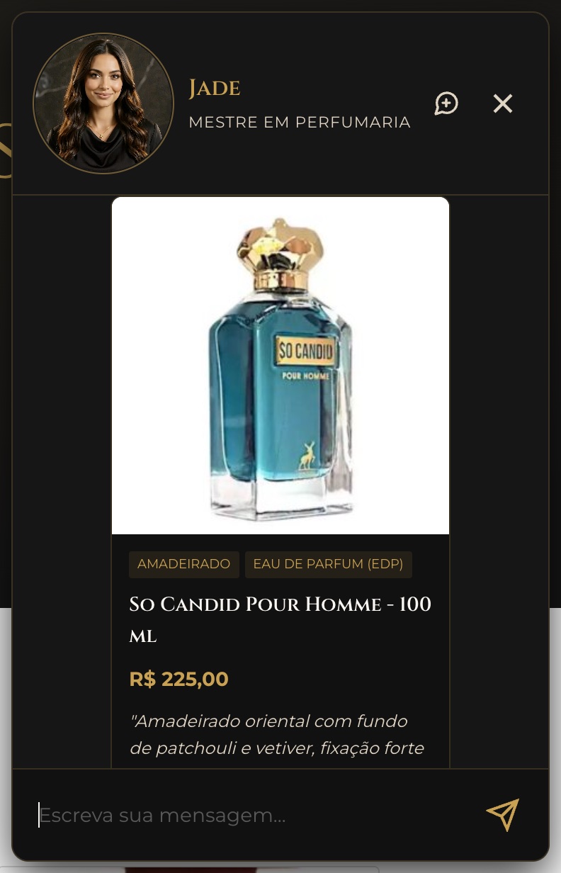 Chat da Jade recomendando o perfume So Candid Pour Homme em um card com foto, preço e motivo da escolha